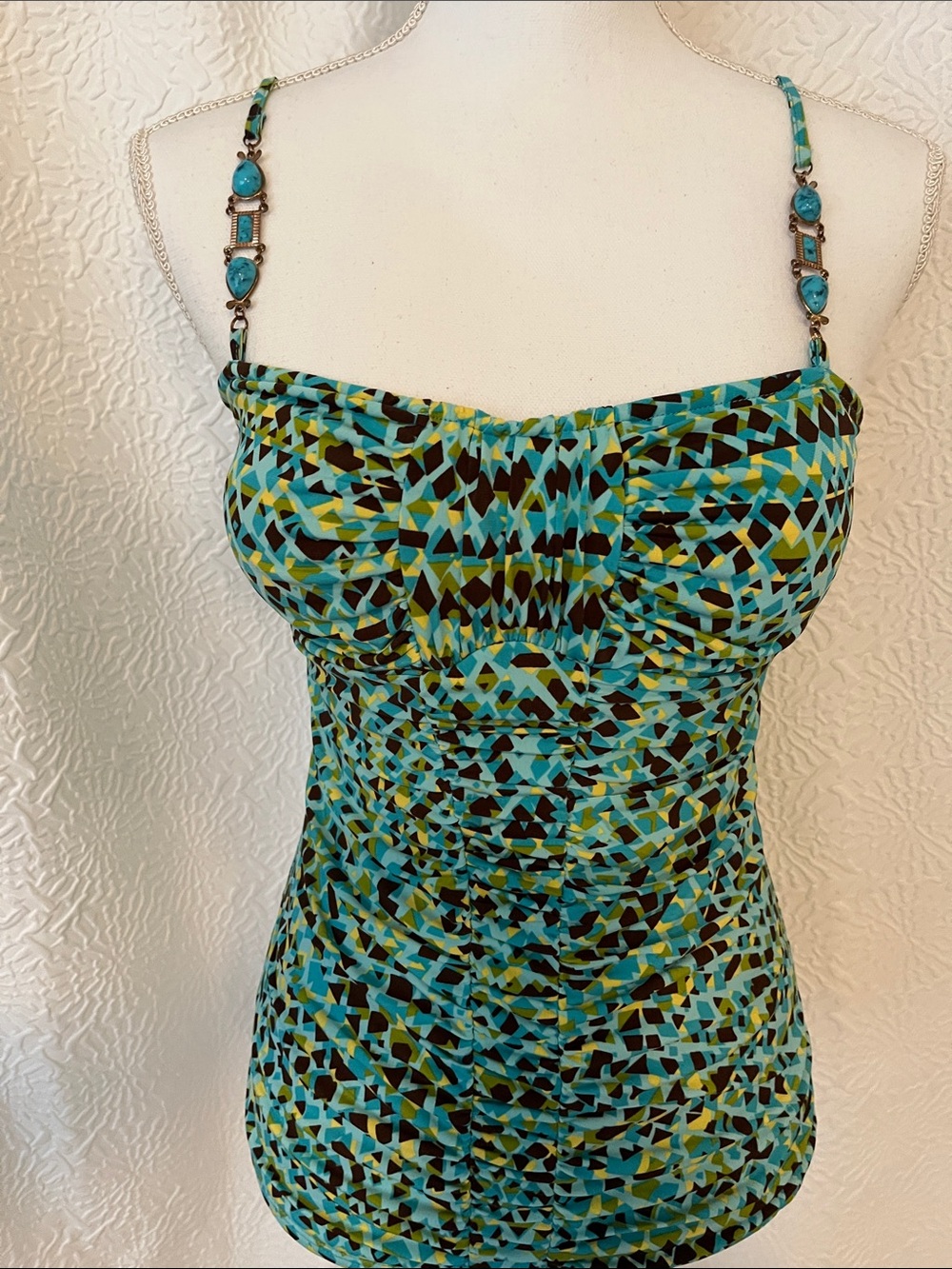 Bisou Bisou Turquoise Geometric Ruched Camisole with Beaded Straps